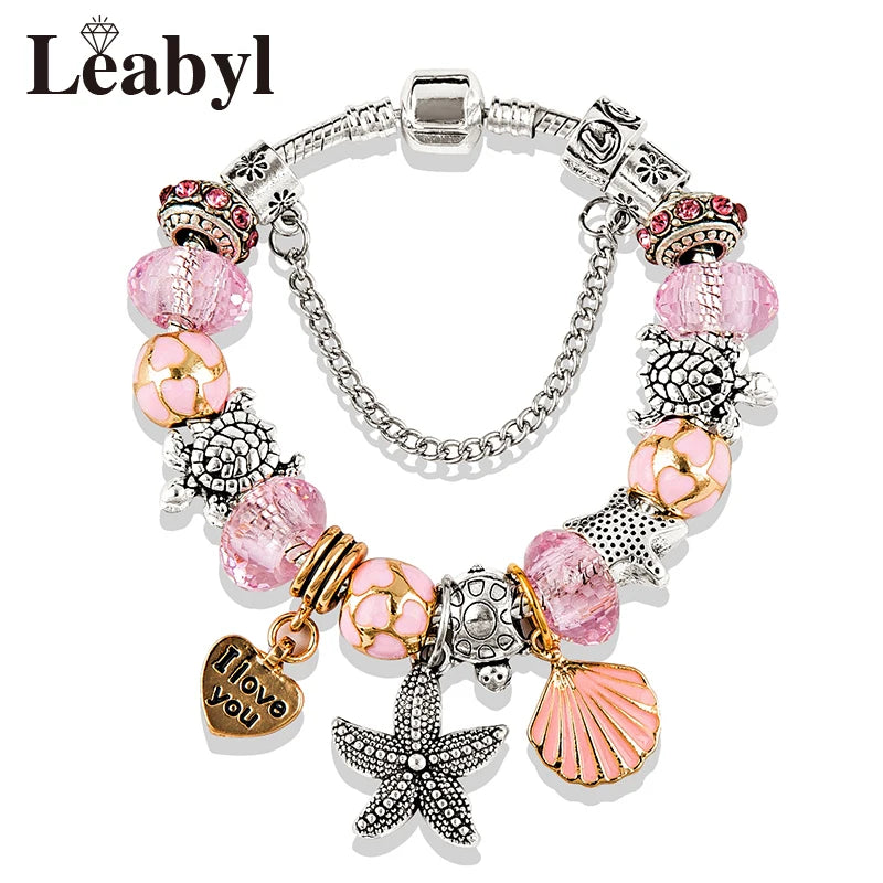 Classic Design Dolphin Charm Bracelets & Bangles for Women Jewelry Gift Blue Crystal Glass Diy Bead Bracelets