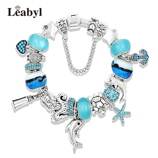 Classic Design Dolphin Charm Bracelets & Bangles for Women Jewelry Gift Blue Crystal Glass Diy Bead Bracelets