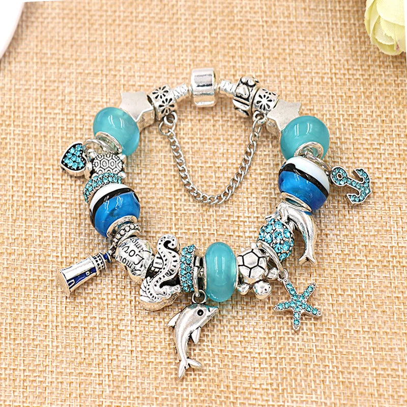 Classic Design Dolphin Charm Bracelets & Bangles for Women Jewelry Gift Blue Crystal Glass Diy Bead Bracelets