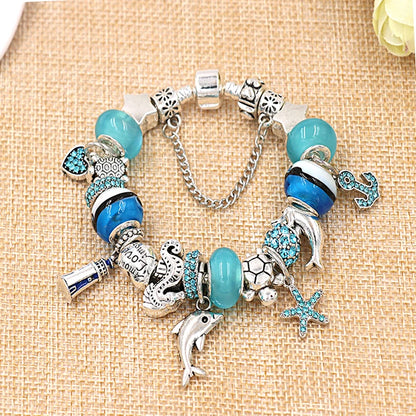 Classic Design Dolphin Charm Bracelets & Bangles for Women Jewelry Gift Blue Crystal Glass Diy Bead Bracelets