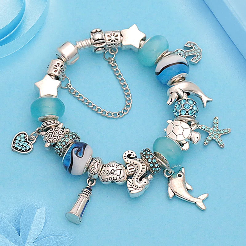 Classic Design Dolphin Charm Bracelets & Bangles for Women Jewelry Gift Blue Crystal Glass Diy Bead Bracelets
