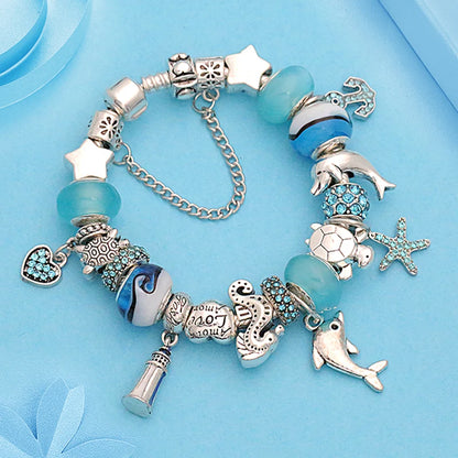 Classic Design Dolphin Charm Bracelets & Bangles for Women Jewelry Gift Blue Crystal Glass Diy Bead Bracelets