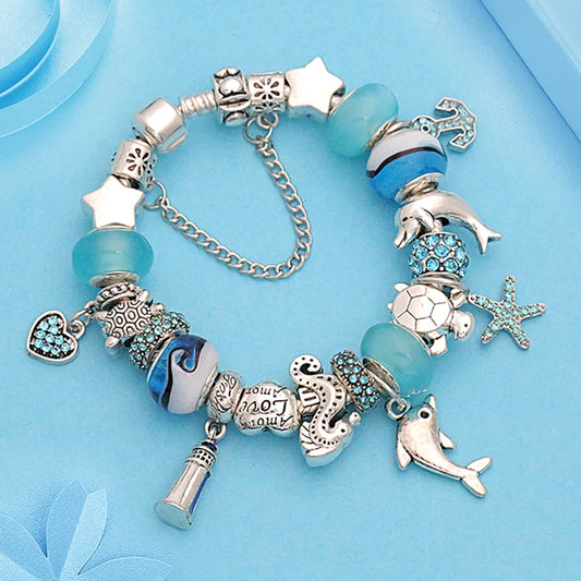 Classic Design Dolphin Charm Bracelets & Bangles for Women Jewelry Gift Blue Crystal Glass Diy Bead Bracelets