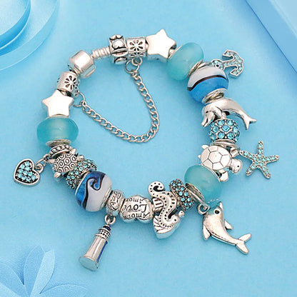 Classic Design Dolphin Charm Bracelets & Bangles for Women Jewelry Gift Blue Crystal Glass Diy Bead Bracelets