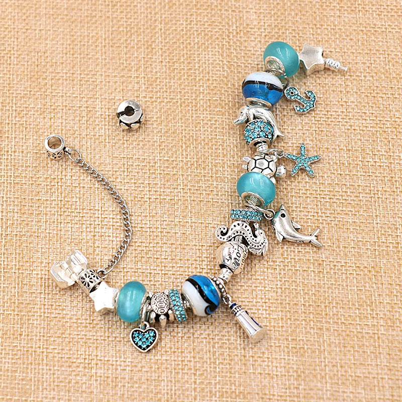 Classic Design Dolphin Charm Bracelets & Bangles for Women Jewelry Gift Blue Crystal Glass Diy Bead Bracelets