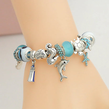 Classic Design Dolphin Charm Bracelets & Bangles for Women Jewelry Gift Blue Crystal Glass Diy Bead Bracelets