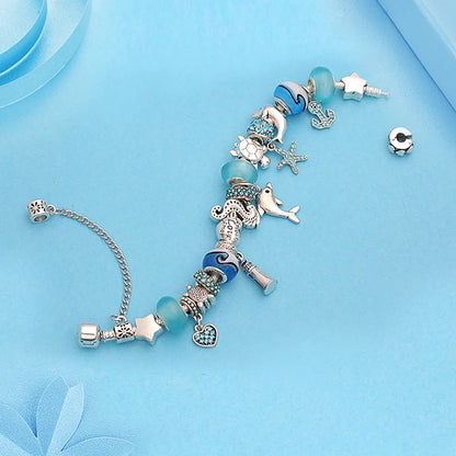Classic Design Dolphin Charm Bracelets & Bangles for Women Jewelry Gift Blue Crystal Glass Diy Bead Bracelets
