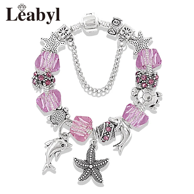 Classic Design Dolphin Charm Bracelets & Bangles for Women Jewelry Gift Blue Crystal Glass Diy Bead Bracelets