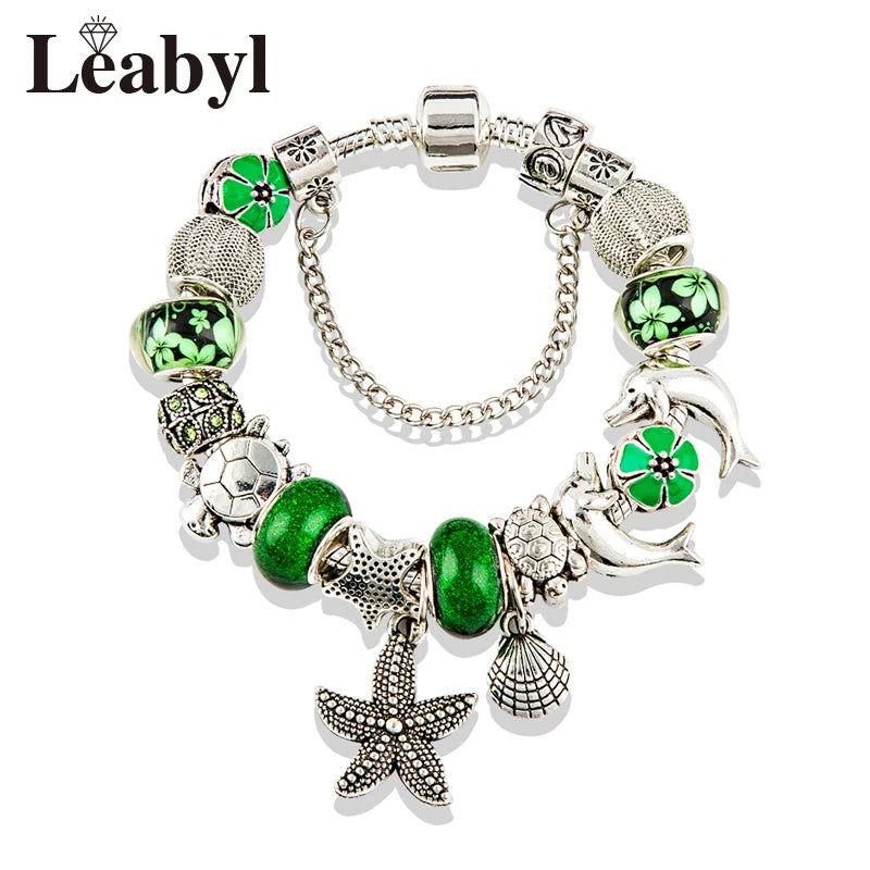 Classic Design Dolphin Charm Bracelets & Bangles for Women Jewelry Gift Blue Crystal Glass Diy Bead Bracelets