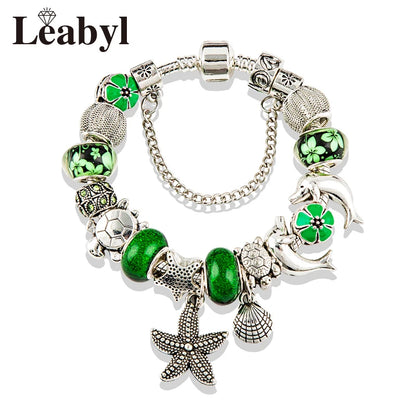 Classic Design Dolphin Charm Bracelets & Bangles for Women Jewelry Gift Blue Crystal Glass Diy Bead Bracelets