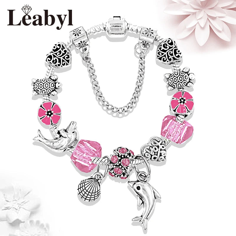 Classic Design Dolphin Charm Bracelets & Bangles for Women Jewelry Gift Blue Crystal Glass Diy Bead Bracelets