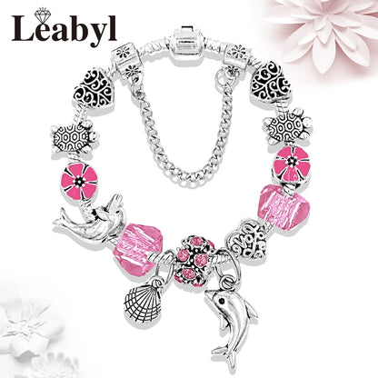 Classic Design Dolphin Charm Bracelets & Bangles for Women Jewelry Gift Blue Crystal Glass Diy Bead Bracelets