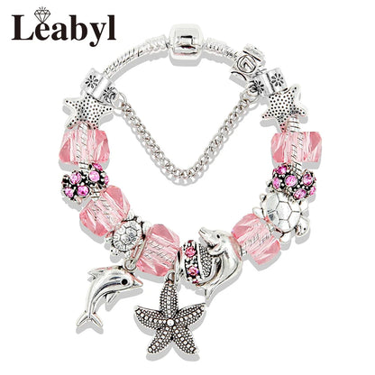 Classic Design Dolphin Charm Bracelets & Bangles for Women Jewelry Gift Blue Crystal Glass Diy Bead Bracelets