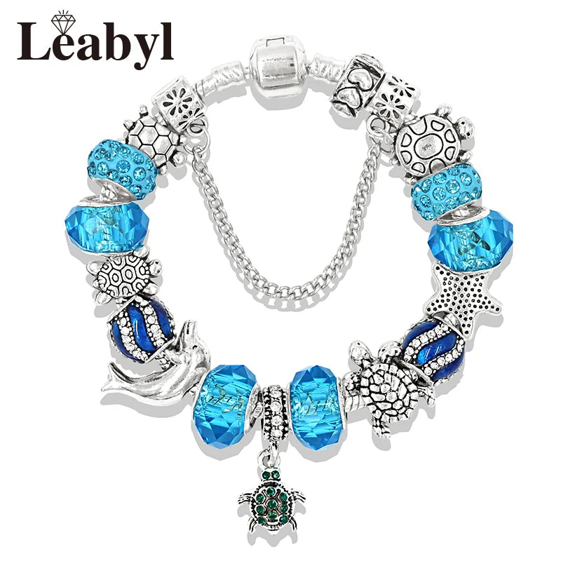 Classic Design Dolphin Charm Bracelets & Bangles for Women Jewelry Gift Blue Crystal Glass Diy Bead Bracelets