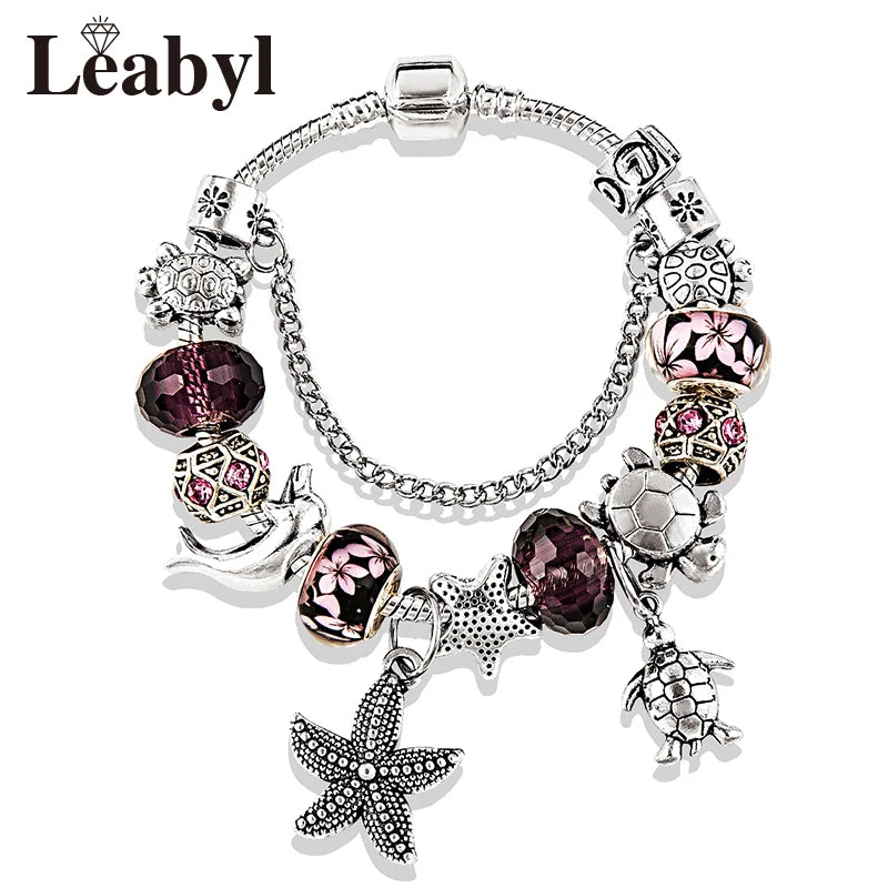 Classic Design Dolphin Charm Bracelets & Bangles for Women Jewelry Gift Blue Crystal Glass Diy Bead Bracelets