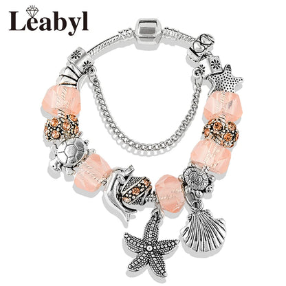 Classic Design Dolphin Charm Bracelets & Bangles for Women Jewelry Gift Blue Crystal Glass Diy Bead Bracelets