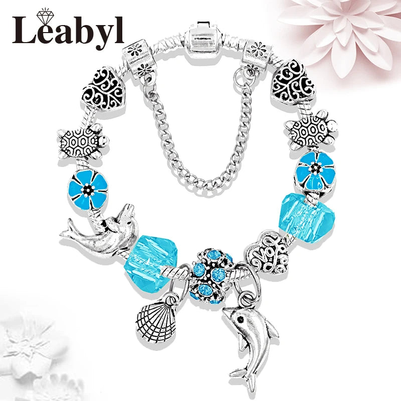 Classic Design Dolphin Charm Bracelets & Bangles for Women Jewelry Gift Blue Crystal Glass Diy Bead Bracelets