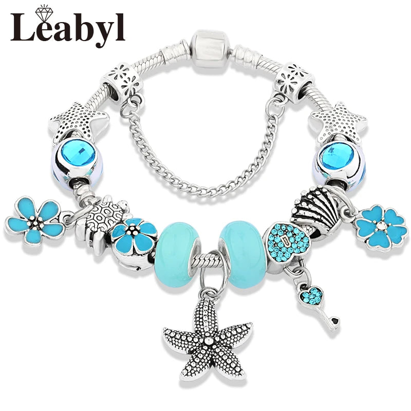 Classic Design Dolphin Charm Bracelets & Bangles for Women Jewelry Gift Blue Crystal Glass Diy Bead Bracelets
