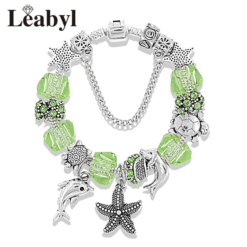 Classic Design Dolphin Charm Bracelets & Bangles for Women Jewelry Gift Blue Crystal Glass Diy Bead Bracelets