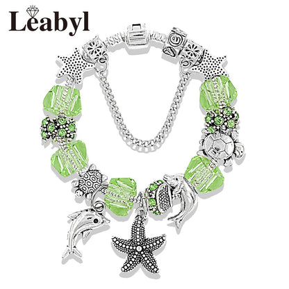 Classic Design Dolphin Charm Bracelets & Bangles for Women Jewelry Gift Blue Crystal Glass Diy Bead Bracelets