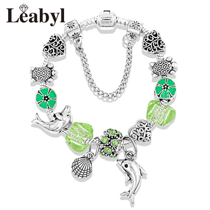 Classic Design Dolphin Charm Bracelets & Bangles for Women Jewelry Gift Blue Crystal Glass Diy Bead Bracelets