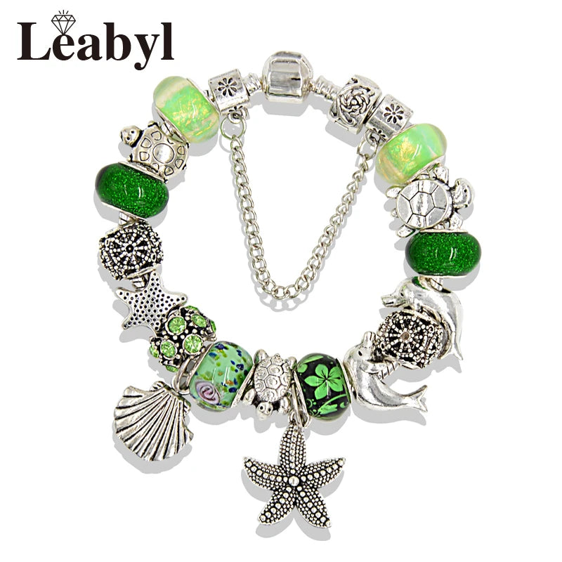 Classic Design Dolphin Charm Bracelets & Bangles for Women Jewelry Gift Blue Crystal Glass Diy Bead Bracelets