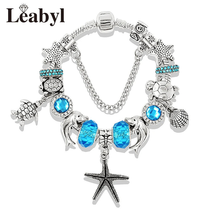 Classic Design Dolphin Charm Bracelets & Bangles for Women Jewelry Gift Blue Crystal Glass Diy Bead Bracelets