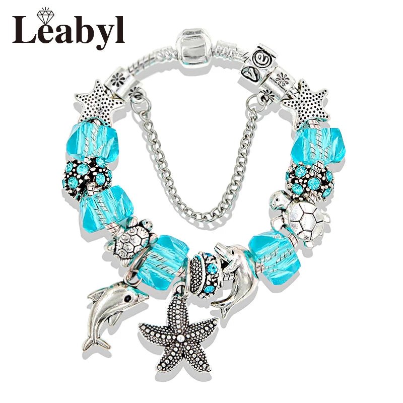 Classic Design Dolphin Charm Bracelets & Bangles for Women Jewelry Gift Blue Crystal Glass Diy Bead Bracelets