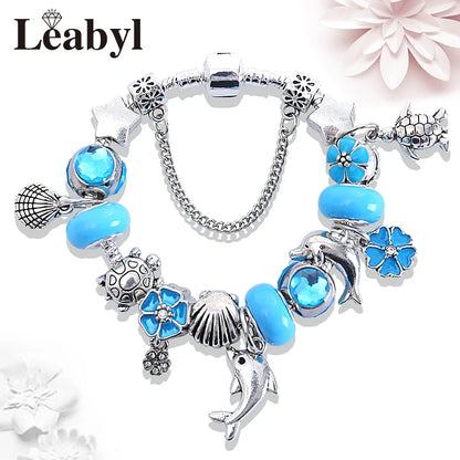 Classic Design Dolphin Charm Bracelets & Bangles for Women Jewelry Gift Blue Crystal Glass Diy Bead Bracelets