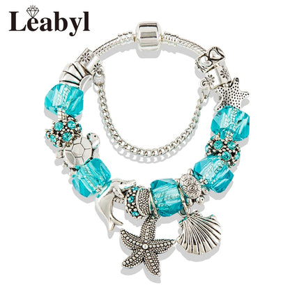 Classic Design Dolphin Charm Bracelets & Bangles for Women Jewelry Gift Blue Crystal Glass Diy Bead Bracelets