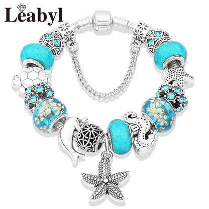 Classic Design Dolphin Charm Bracelets & Bangles for Women Jewelry Gift Blue Crystal Glass Diy Bead Bracelets