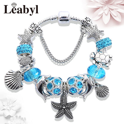 Classic Design Dolphin Charm Bracelets & Bangles for Women Jewelry Gift Blue Crystal Glass Diy Bead Bracelets