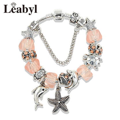 Classic Design Dolphin Charm Bracelets & Bangles for Women Jewelry Gift Blue Crystal Glass Diy Bead Bracelets