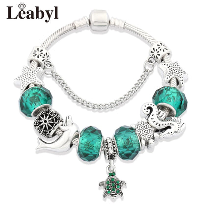Classic Design Dolphin Charm Bracelets & Bangles for Women Jewelry Gift Blue Crystal Glass Diy Bead Bracelets